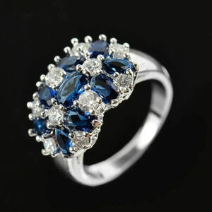 🍁Shiny 925 Silver Plated Blue Halo Diamond Wedding Ring, MLNN1323